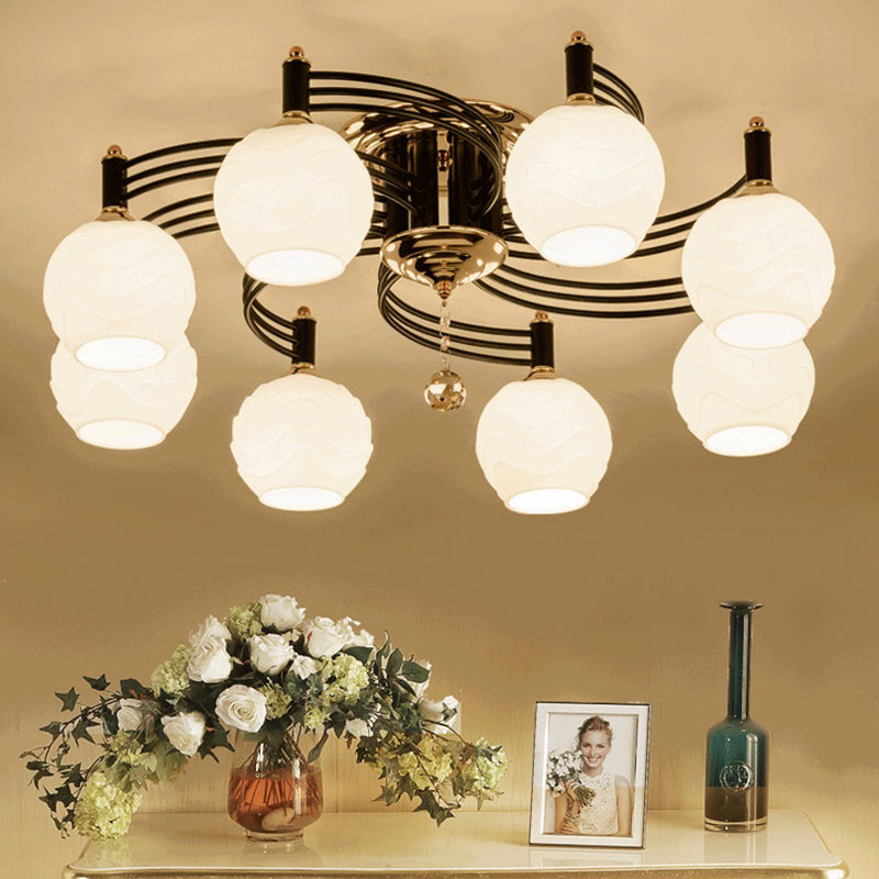 Black 3/6/8 Heads Semi-Flush Mount Vintage Style White Glass Swirl Arm Design Ceiling Light Fixture