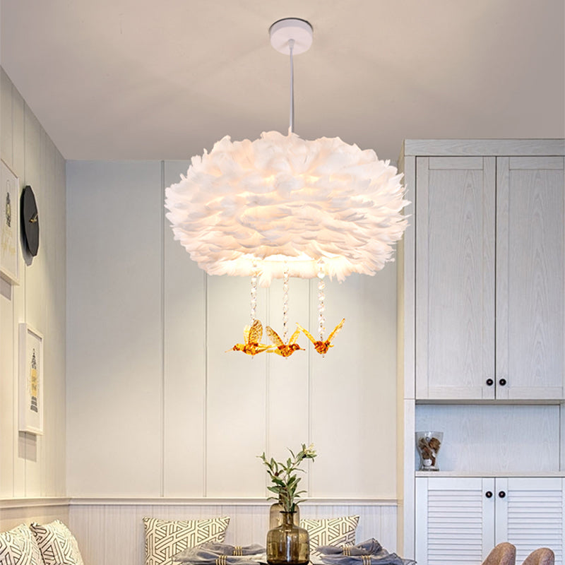 Drum Chandelier Modern Style Feather 3/4/5-Head White Pendant Light with Amber Bird Decor, 16"/19.5"/31.5" Width