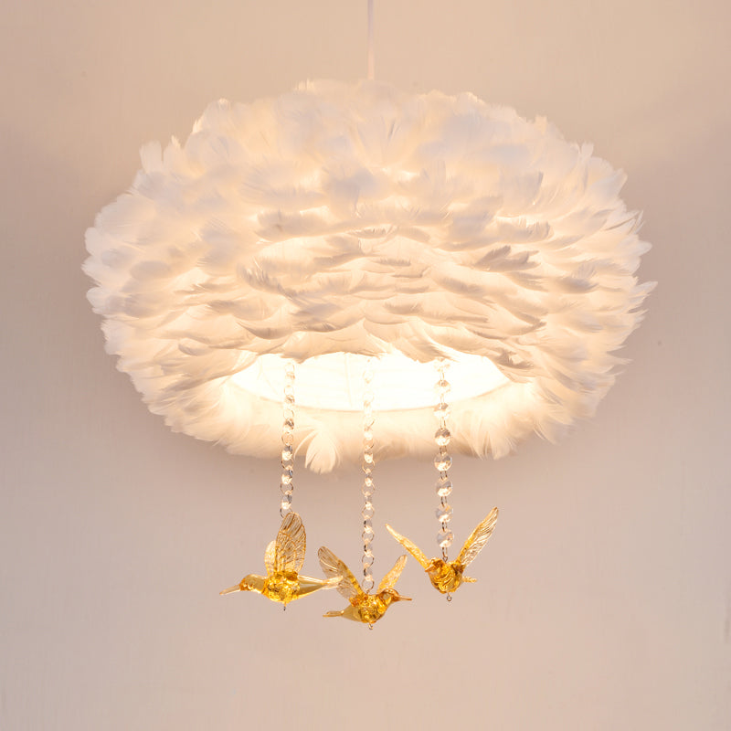 Drum Chandelier Modern Style Feather 3/4/5-Head White Pendant Light with Amber Bird Decor, 16"/19.5"/31.5" Width