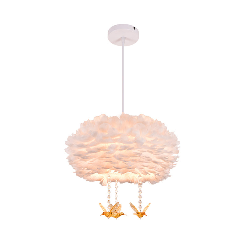 Drum Chandelier Modern Style Feather 3/4/5-Head White Pendant Light with Amber Bird Decor, 16"/19.5"/31.5" Width