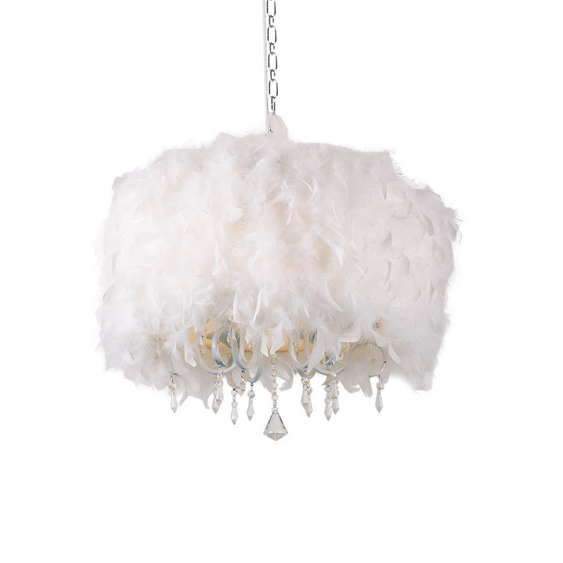 5 Lights Dining Room Chandelier Nordic White Hanging Pendant with Drum Feather Shade and Teardrop Crystal