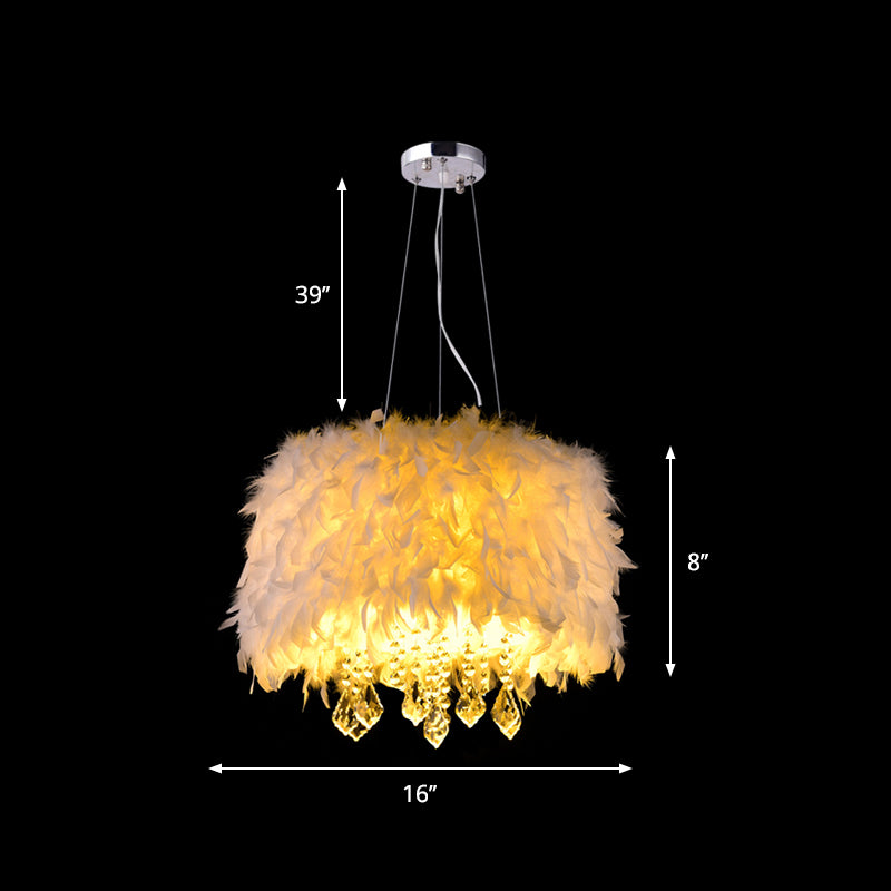 White Drum Pendant Chandelier Modern 5/6/9-Light Feather Hanging Lamp with Crystal Drop, 16"/19.5"/27.5" Wide