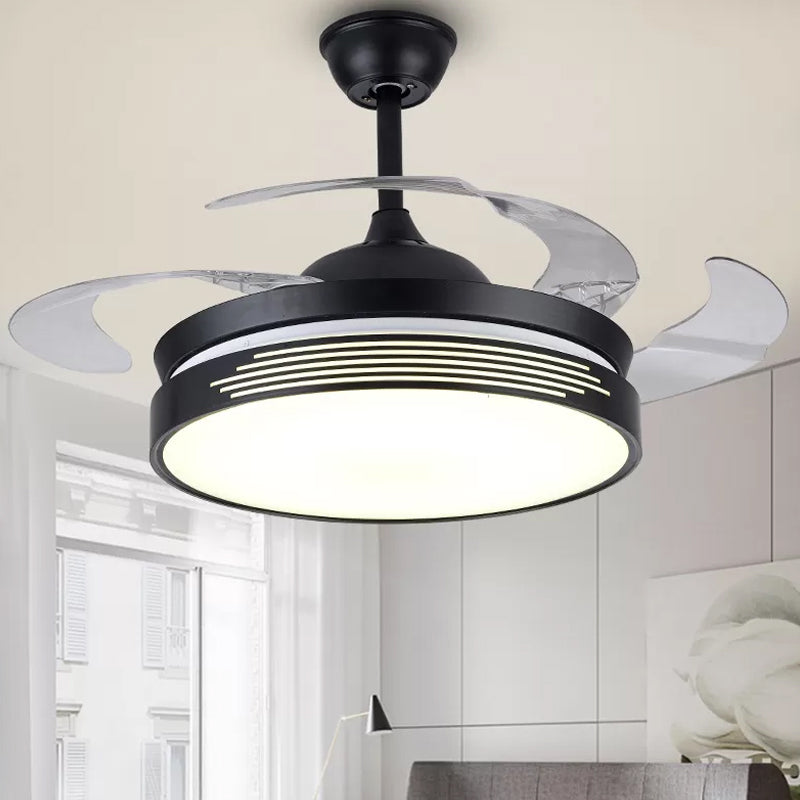 19" Wide Metal Round Semi Flush Ceiling Light Nordic LED Black Hanging Fan Lamp, 4 Blades