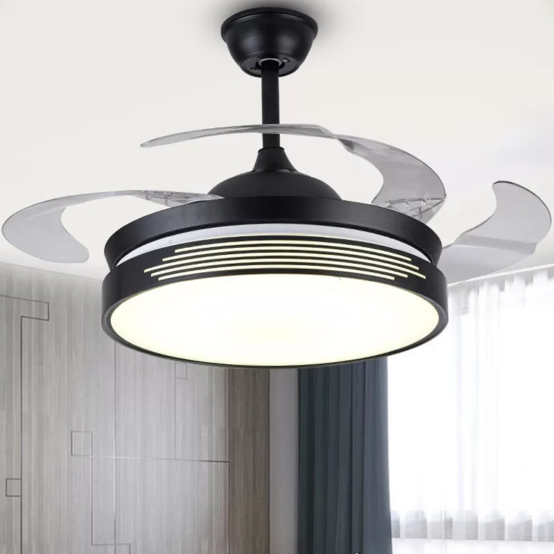 19" Wide Metal Round Semi Flush Ceiling Light Nordic LED Black Hanging Fan Lamp, 4 Blades