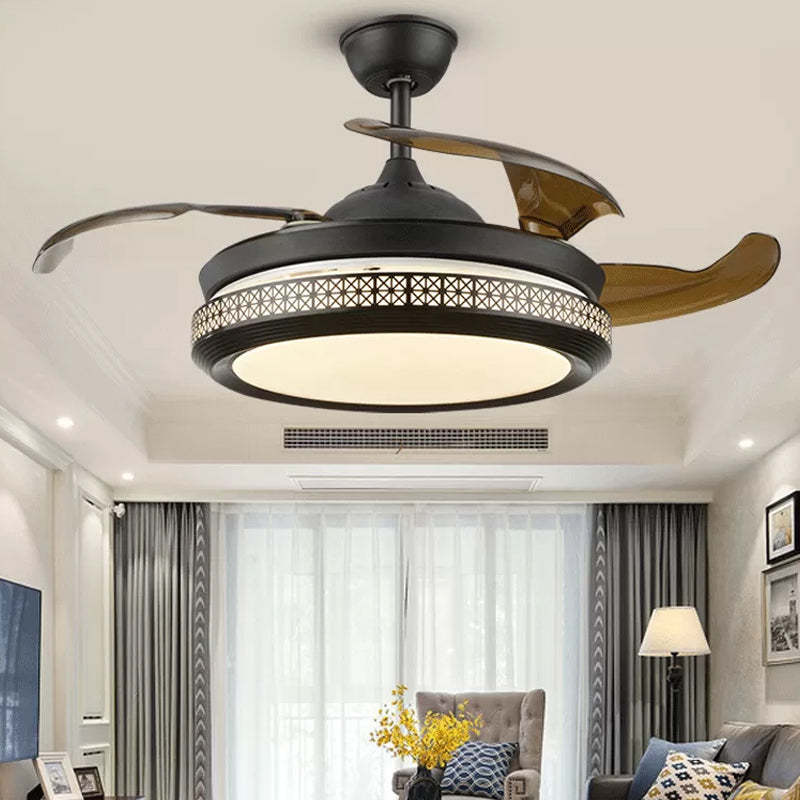 4-blade Hollow-Out Circle Semi Flush Contemporary Acryl 20 "brede LED Black Pendant Fan Light Fecture