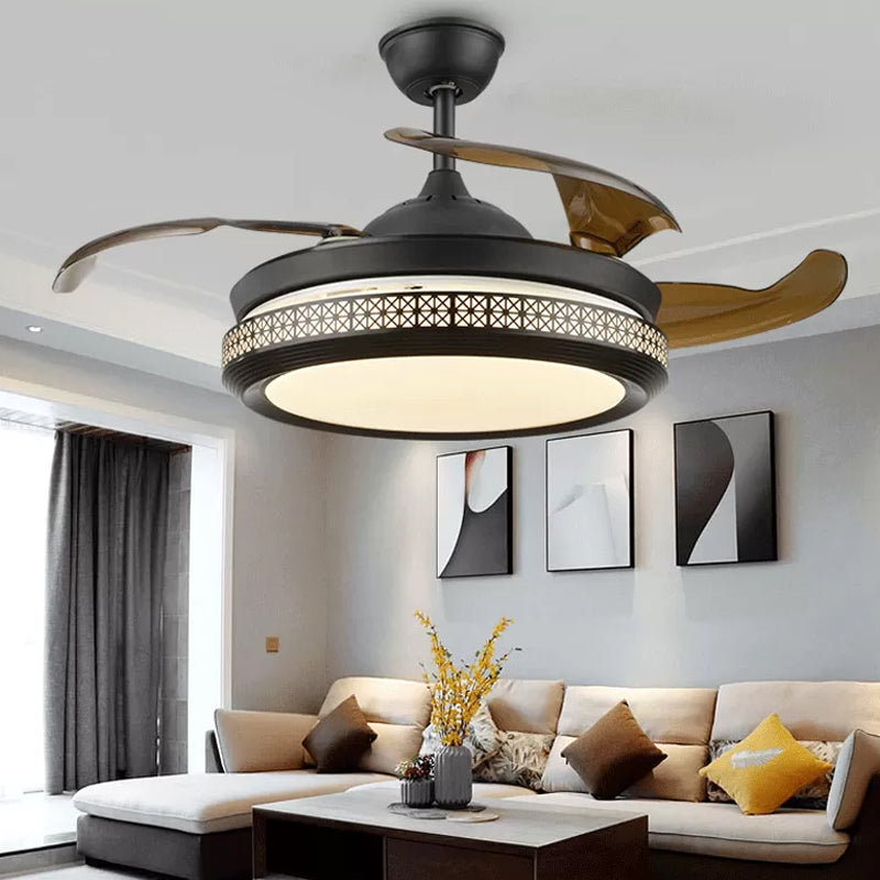 4-Blade Hollow-out Circle Semi Flush Contemporary Acrylic 20" Wide LED Black Pendant Fan Light Fixture