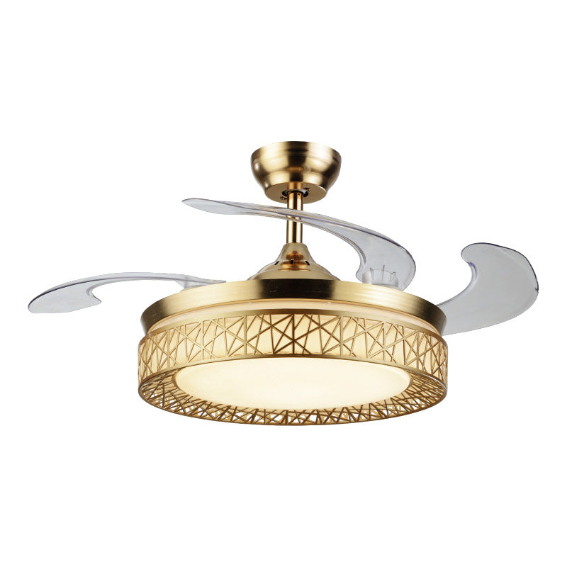 Gold Nest Shaped 4 Blades Semi-Flush Mount Simple LED Metallic Ceiling Fan Light, 19" Wide