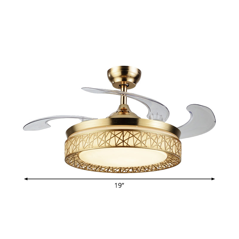 Gold Nest Shaped 4 Blades Semi-Flush Mount Simple LED Metallic Ceiling Fan Light, 19" Wide