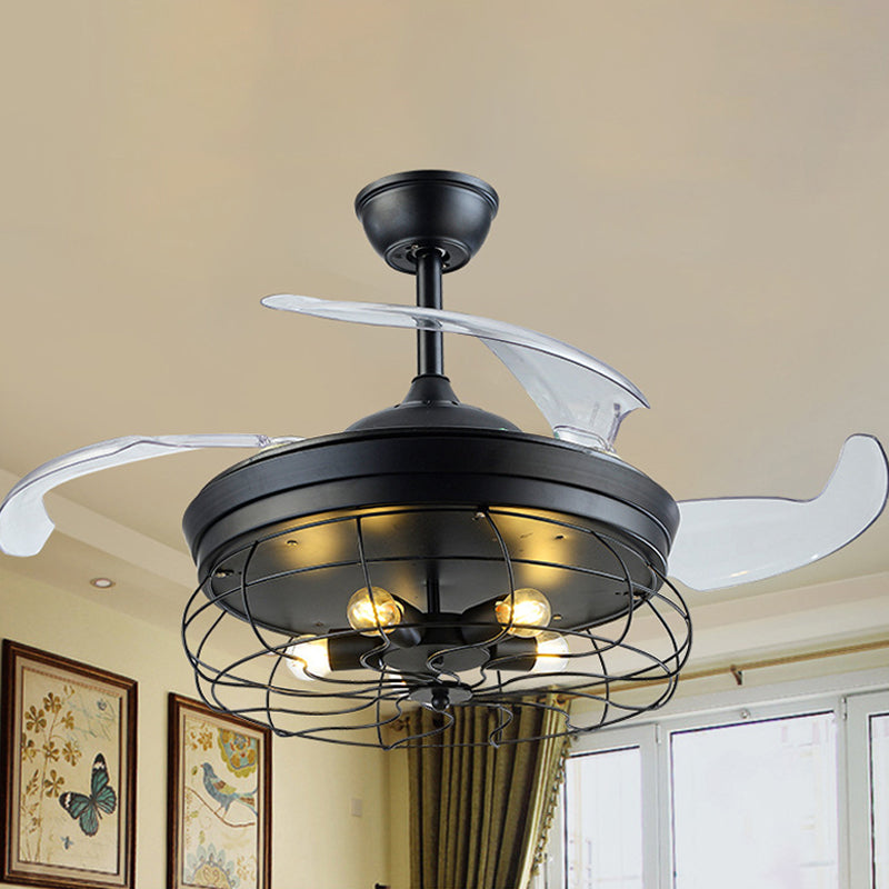 Metal Caged Pendant Fan Lamp Modernism 20" Wide 5 Lights Semi Flush Ceiling Light in Black with 4 Blades