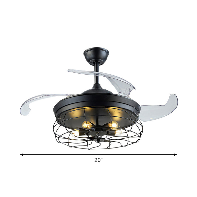 Metal Caged Pendant Fan Lamp Modernism 20" Wide 5 Lights Semi Flush Ceiling Light in Black with 4 Blades