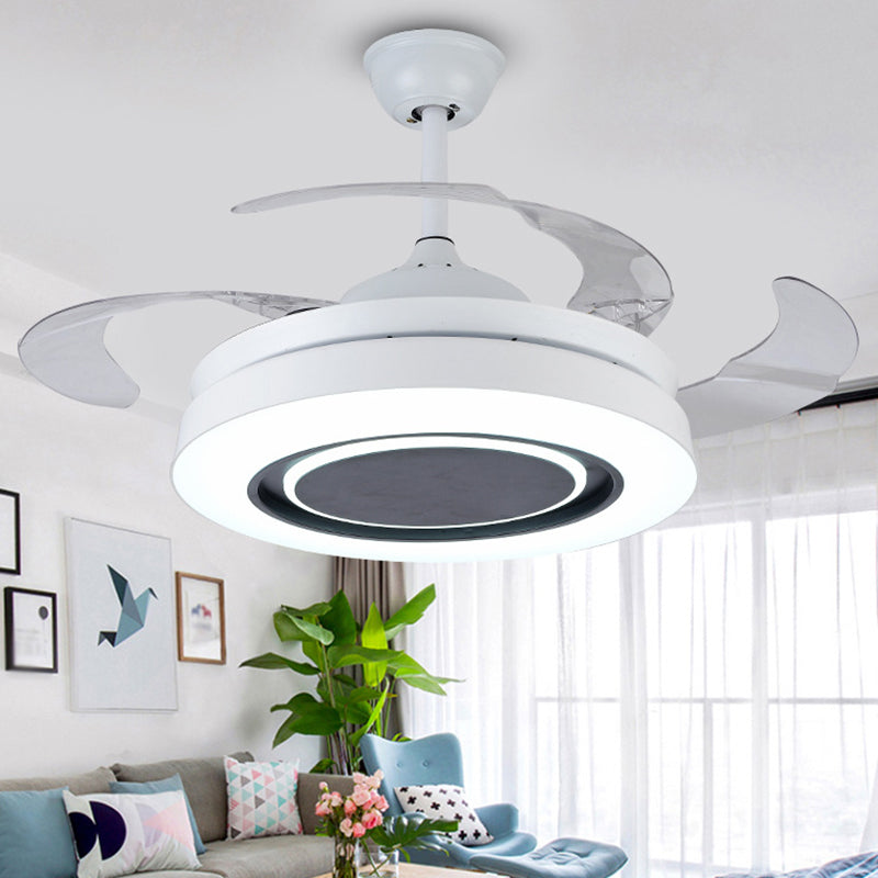 White Round Semi-Flush Mount Nordic 19" Wide LED Metallic Hanging Fan Light Fixture, 4 Blades