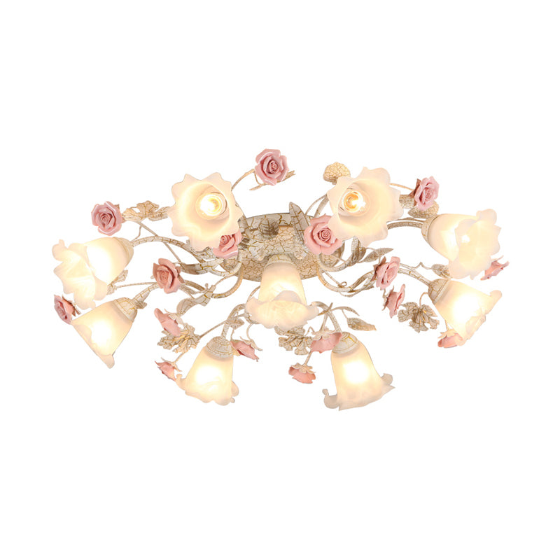 4/6/7-Head Semi Flush Mount Korean Garden Living Room Ceiling Flush Light with Floral Frosted White Glass Shade