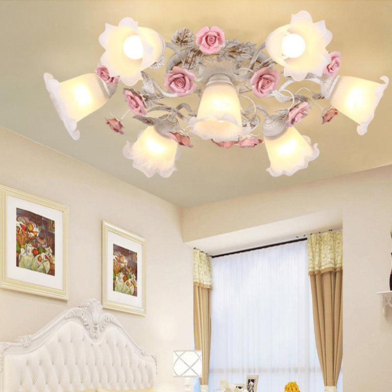 4/6/7-Head Semi Flush Mount Korean Garden Living Room Ceiling Flush Light with Floral Frosted White Glass Shade