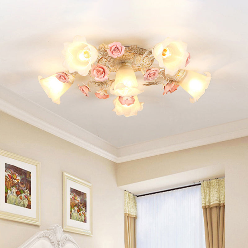 4/6/7-Head Semi Flush Mount Korean Garden Living Room Ceiling Flush Light with Floral Frosted White Glass Shade