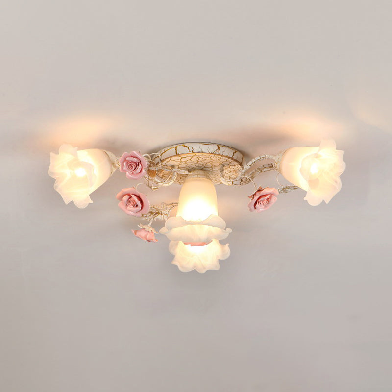 4/6/7-Head Semi Flush Mount Korean Garden Living Room Ceiling Flush Light with Floral Frosted White Glass Shade