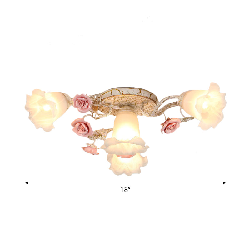 4/6/7 cabezas Semi Flush Mount Coreano Jardín Ligera de techo de techo con sombra de vidrio blanco esbelto floral