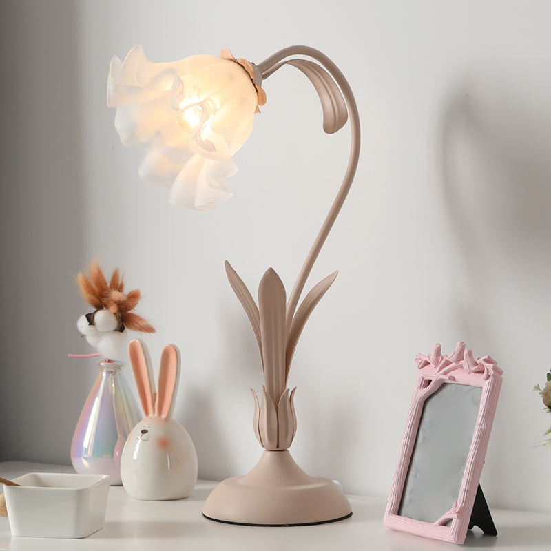 Flower Shape Frosted White Glass Night Lamp Countryside 1-Light Kids Room Table Light in Pink/Green