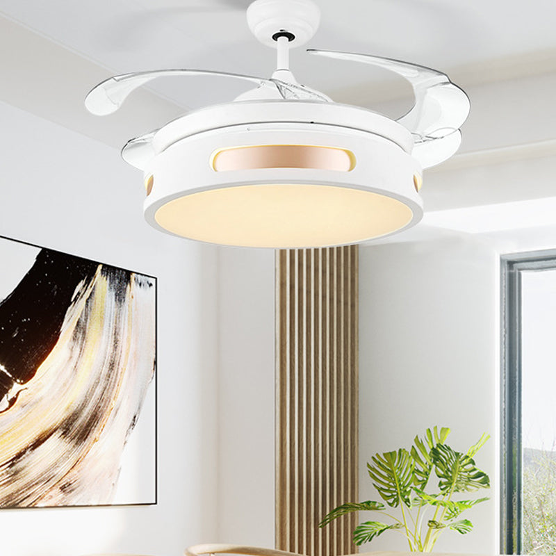 16" Wide Acrylic Drum Semi Flush Light Fixture Modernist LED White Ceiling Fan Lamp with 4 Blades