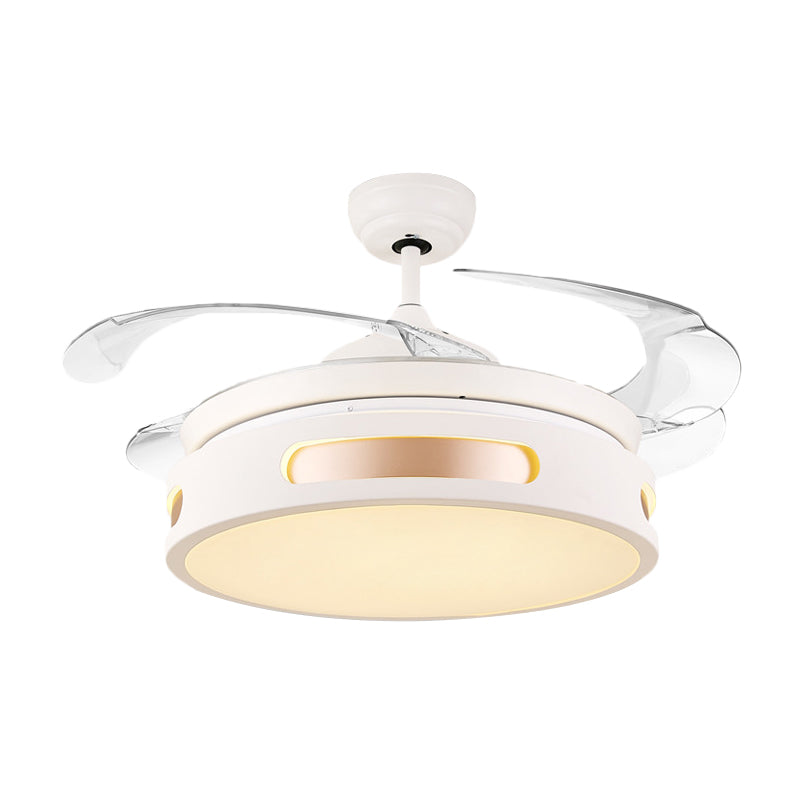 16" Wide Acrylic Drum Semi Flush Light Fixture Modernist LED White Ceiling Fan Lamp with 4 Blades