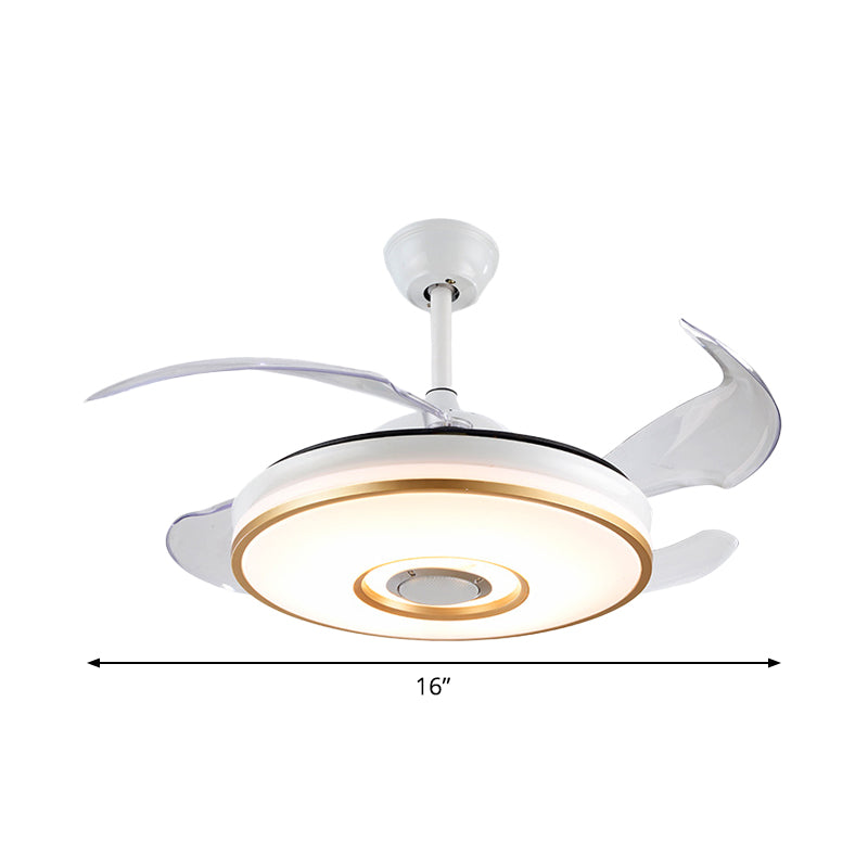 Simple Circle 4 Blades Semi Flush Ceiling Light Acrylic Living Room LED Pendant Fan Lamp in White, 16" Wide