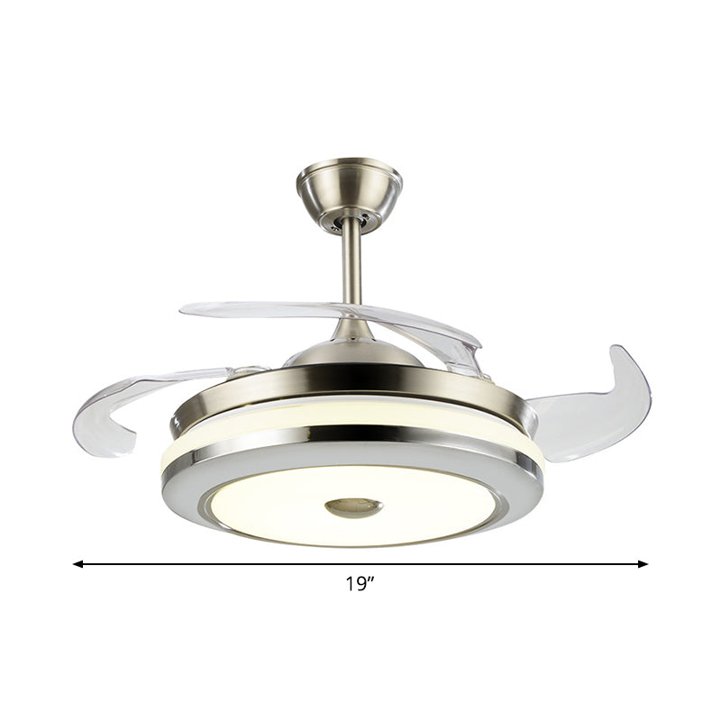 Cirkelvormige semi -spoellamp armatuur eenvoudig 19 "brede led -slaapkamer plafondventilatorlamp in zilver, 4 messen