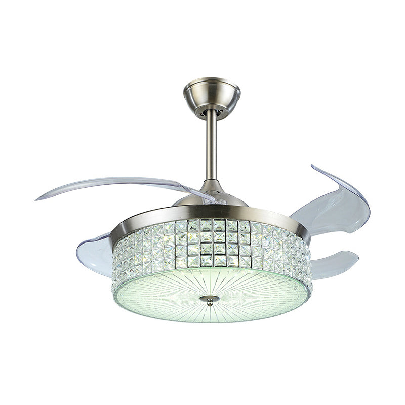 19 "brede Noordse trommel hanger fan licht kristal ingelegde woonkamer led semi -flush mount in zilver met 4 messen