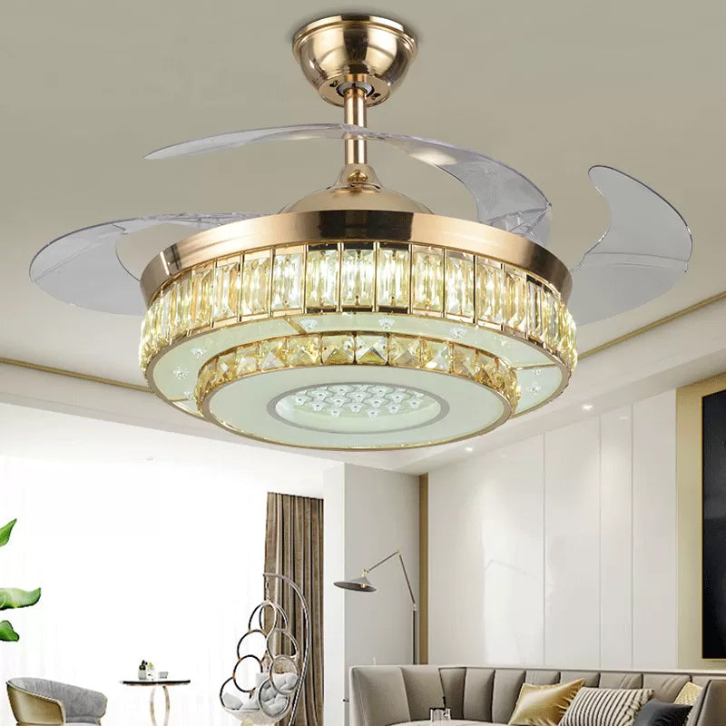 2-laags cirkel afgeschuinde Crystal Semi Flush Modern 19 "Wide Led Gold Hangende ventilatorlamp armatuur, 4-blade