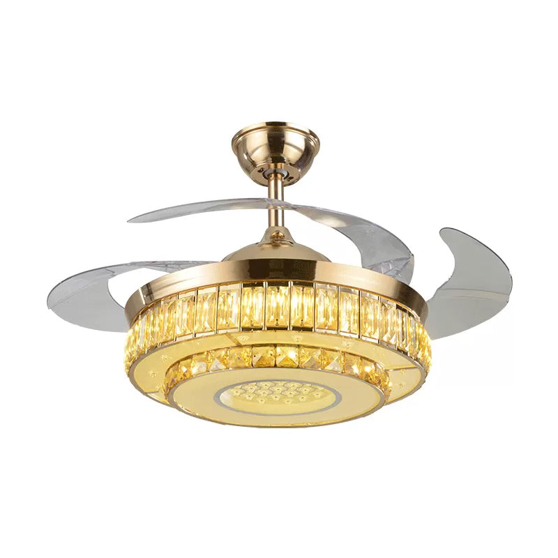 2-laags cirkel afgeschuinde Crystal Semi Flush Modern 19 "Wide Led Gold Hangende ventilatorlamp armatuur, 4-blade