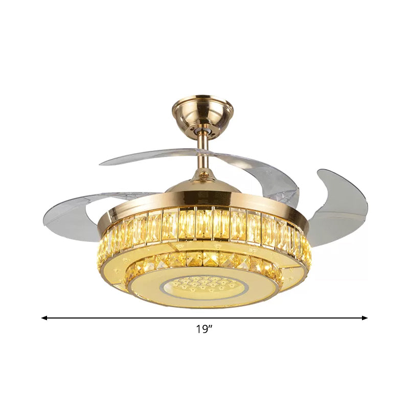 2-laags cirkel afgeschuinde Crystal Semi Flush Modern 19 "Wide Led Gold Hangende ventilatorlamp armatuur, 4-blade