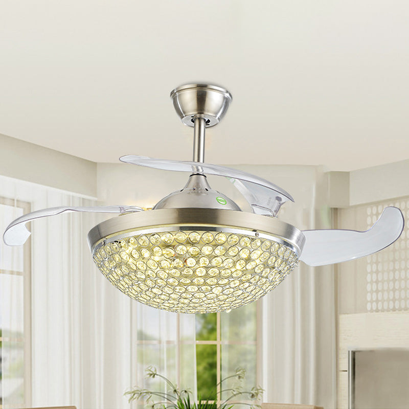 Modernisme 19 "brede LED Semi Flush Light Silver Bowl 4 Blades Hangdwist Fan Lamp armatuur met kristal ingebedde schaduw