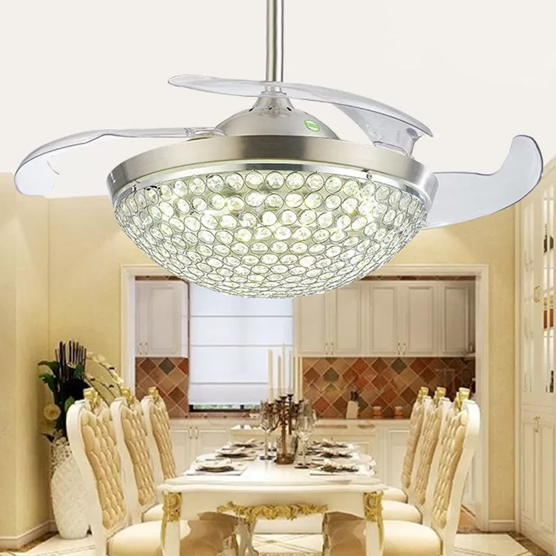 Modernisme 19 "brede LED Semi Flush Light Silver Bowl 4 Blades Hangdwist Fan Lamp armatuur met kristal ingebedde schaduw