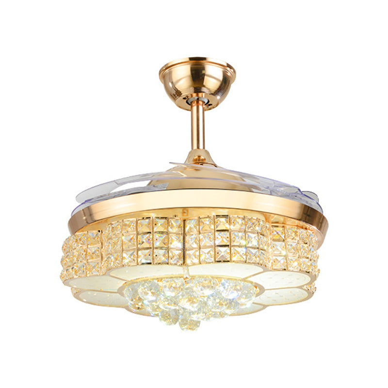 4-Blade Minimal Floral Ceiling Fan Light Crystal Encrusted Living Room LED Semi Flush, 19" Wide