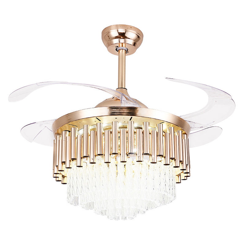 Faceted Crystal Bowl Semi Flush Ceiling Light Modern 19" Wide LED Pendant Fan Lamp, 4 Blades