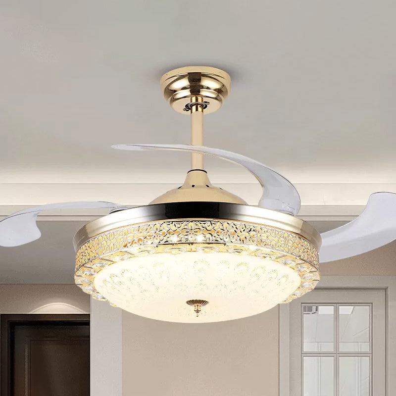 Bowl Dining Room Pendant Fan Lamp Faceted Crystal 19" Wide LED Modernism Semi Flush Mount Lighting, 4 Blades