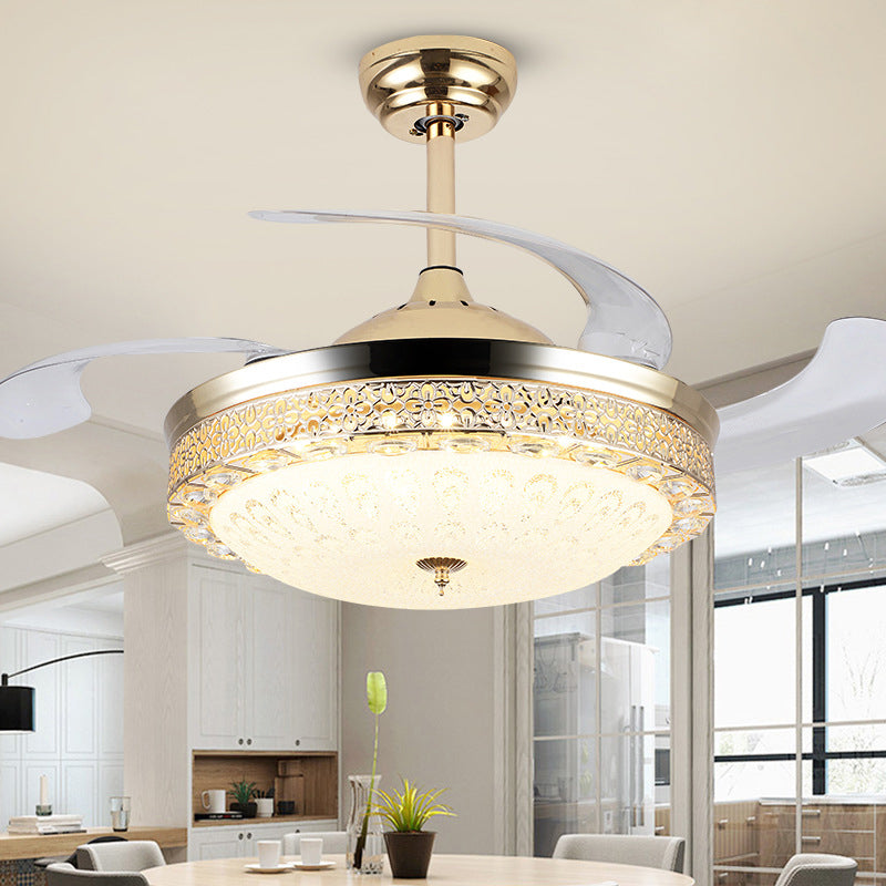 Bowl Dining Room Pendant Fan Lamp Faceted Crystal 19" Wide LED Modernism Semi Flush Mount Lighting, 4 Blades