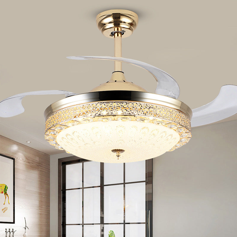 Bowl Dining Room Pendant Fan Lamp Faceted Crystal 19" Wide LED Modernism Semi Flush Mount Lighting, 4 Blades