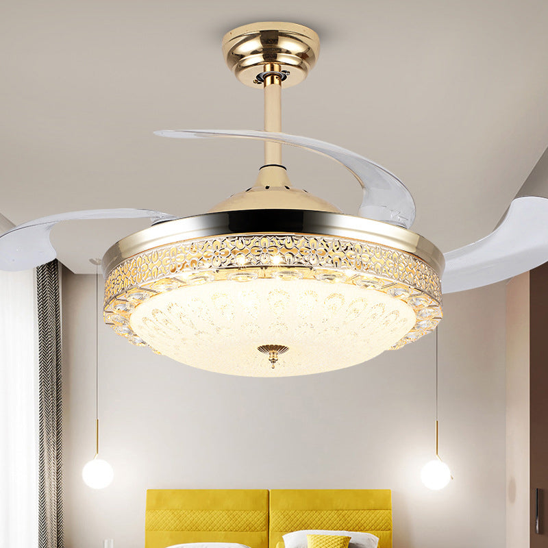 Bowl Dining Room Pendant Fan Lamp Faceted Crystal 19" Wide LED Modernism Semi Flush Mount Lighting, 4 Blades