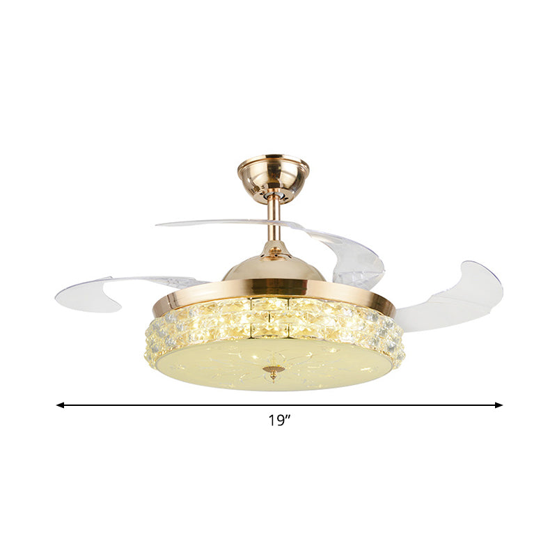 4-blade LED-slaapkamer hanger ventilatorlamp armatuur modern gouden semi-spoelmontage licht met ronde afgeschuinde kristalschaduw, 19 "breed