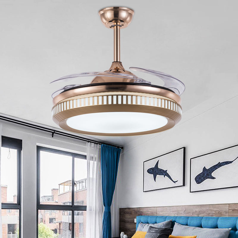 Acryl -trommelhangende ventilatorlicht eigentijds 19 "brede LED Gold Semi Flush Mount Lighting met 4 messen