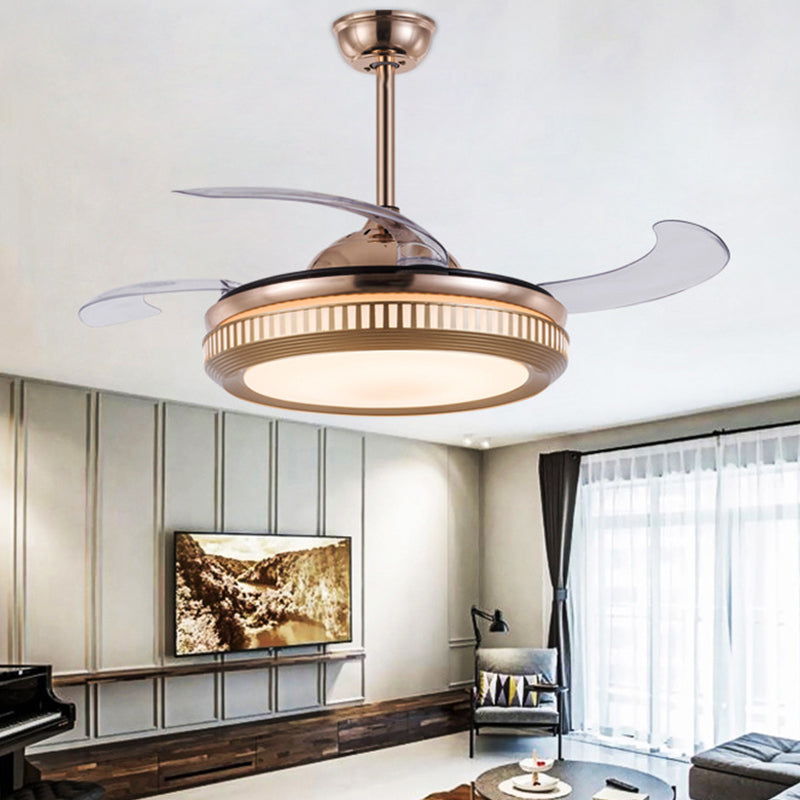 Acryl -trommelhangende ventilatorlicht eigentijds 19 "brede LED Gold Semi Flush Mount Lighting met 4 messen