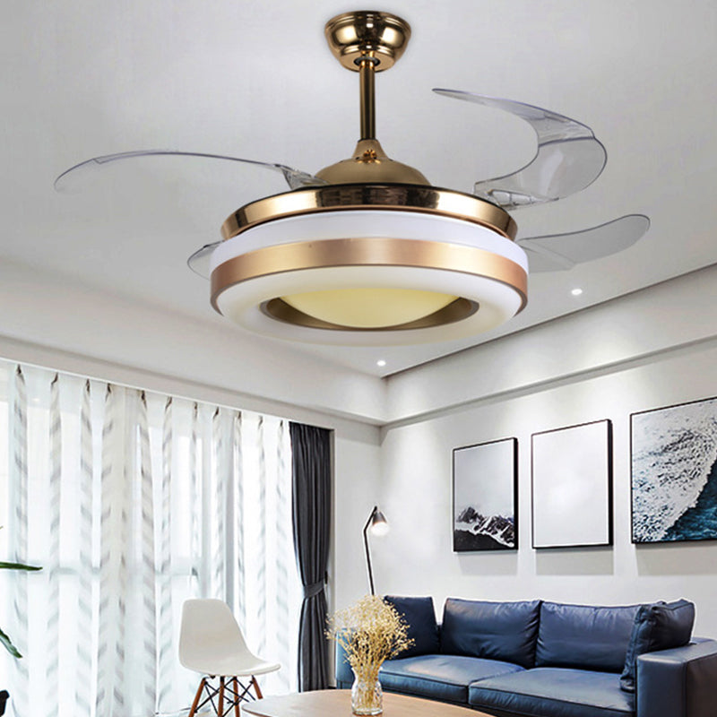 19" Wide Gold Round Hanging Fan Lamp Modernism LED Acrylic Semi-Flush Mount Light, 4 Blades