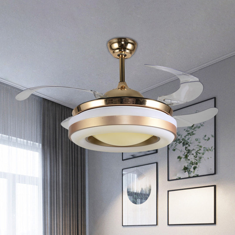 19" Wide Gold Round Hanging Fan Lamp Modernism LED Acrylic Semi-Flush Mount Light, 4 Blades