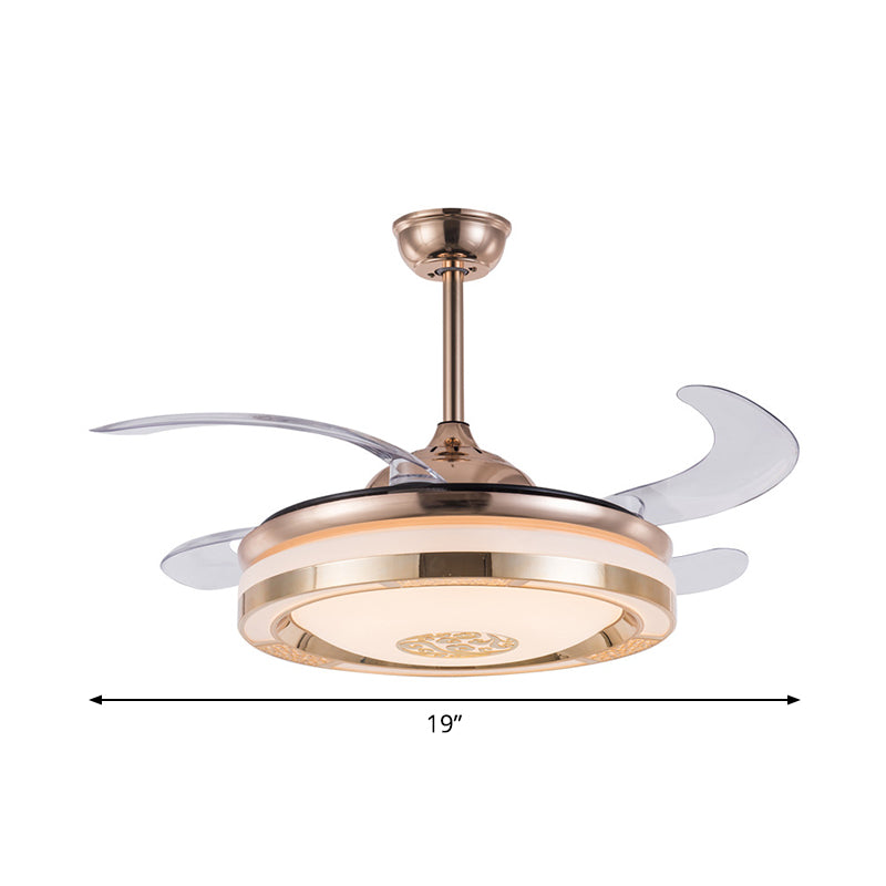 Simplicity LED Semi Flush Gold Circular 4-Blade plafondventilator Lichte armatuur met acrylschaduw, 19 "breed