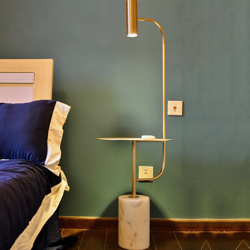 Brass Tube Spotlight Floor Lamp Post-Modern Metal LED Floor Reading Light with Table and Marble Pedestal