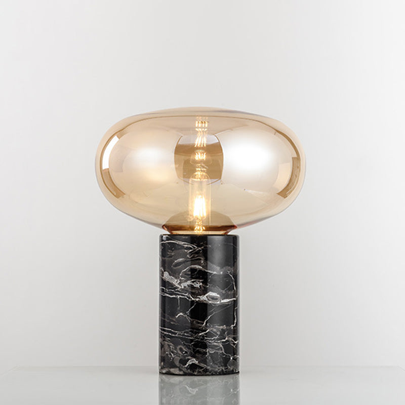 9"/12.5" Wide Cylinder Table Light Designer Marble 1 Head Black Night Lamp with Oval Grey/Amber Glass Shade