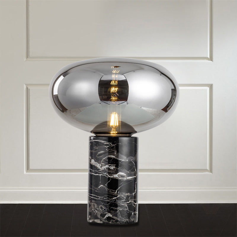 9"/12.5" Wide Cylinder Table Light Designer Marble 1 Head Black Night Lamp with Oval Grey/Amber Glass Shade