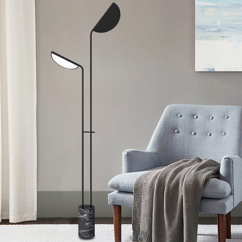 Bent Shade Metal Standing Floor Lamp Minimalist 2-Head Black Floor Light with Marble Base