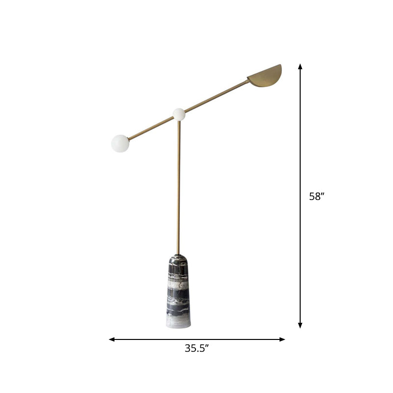 Lever Arm Living Room Floor Light Cream Glass 2 Lights Designer Floor Lamp with Marble Base in Black-Gold