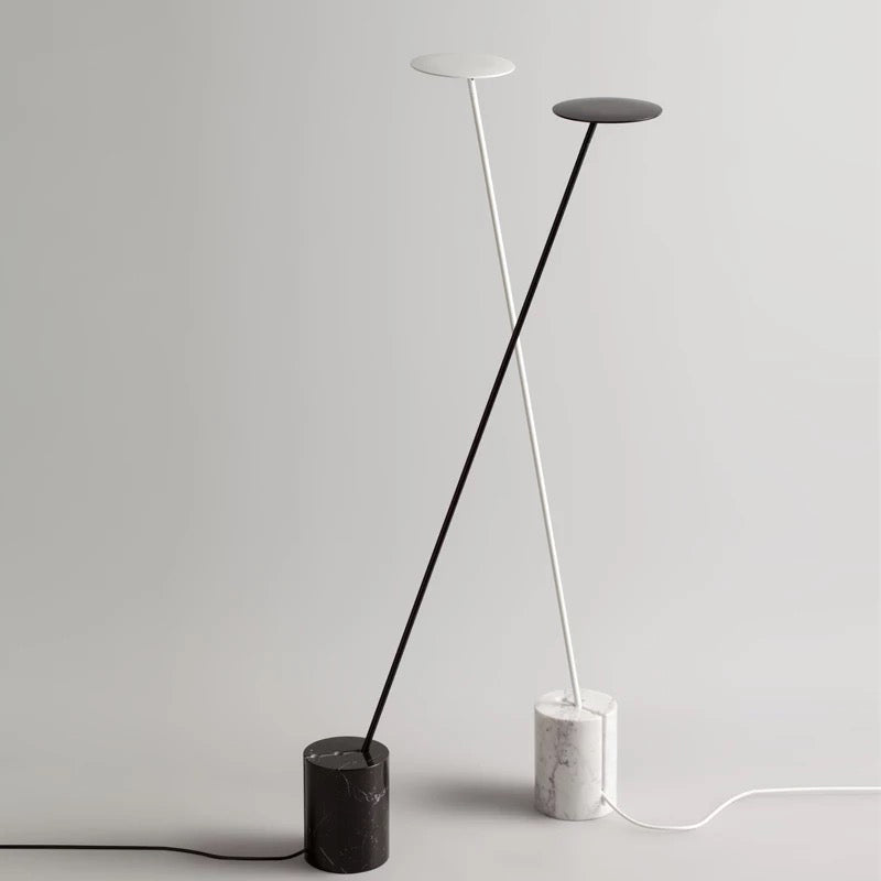 Black/White Circle Floor Lamp Minimalist Metal LED Standing Light with Stick Pole and Marble Base