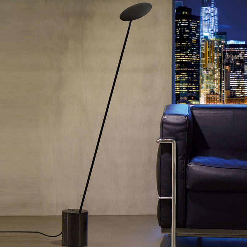 Black/White Circle Floor Lamp Minimalist Metal LED Standing Light with Stick Pole and Marble Base